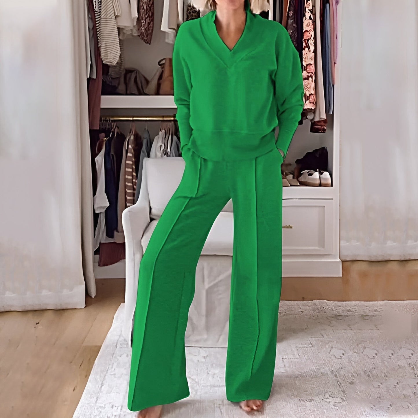 Relaxed Knit Lounge Set | Wide-Leg Pants & V-Neck Pullover