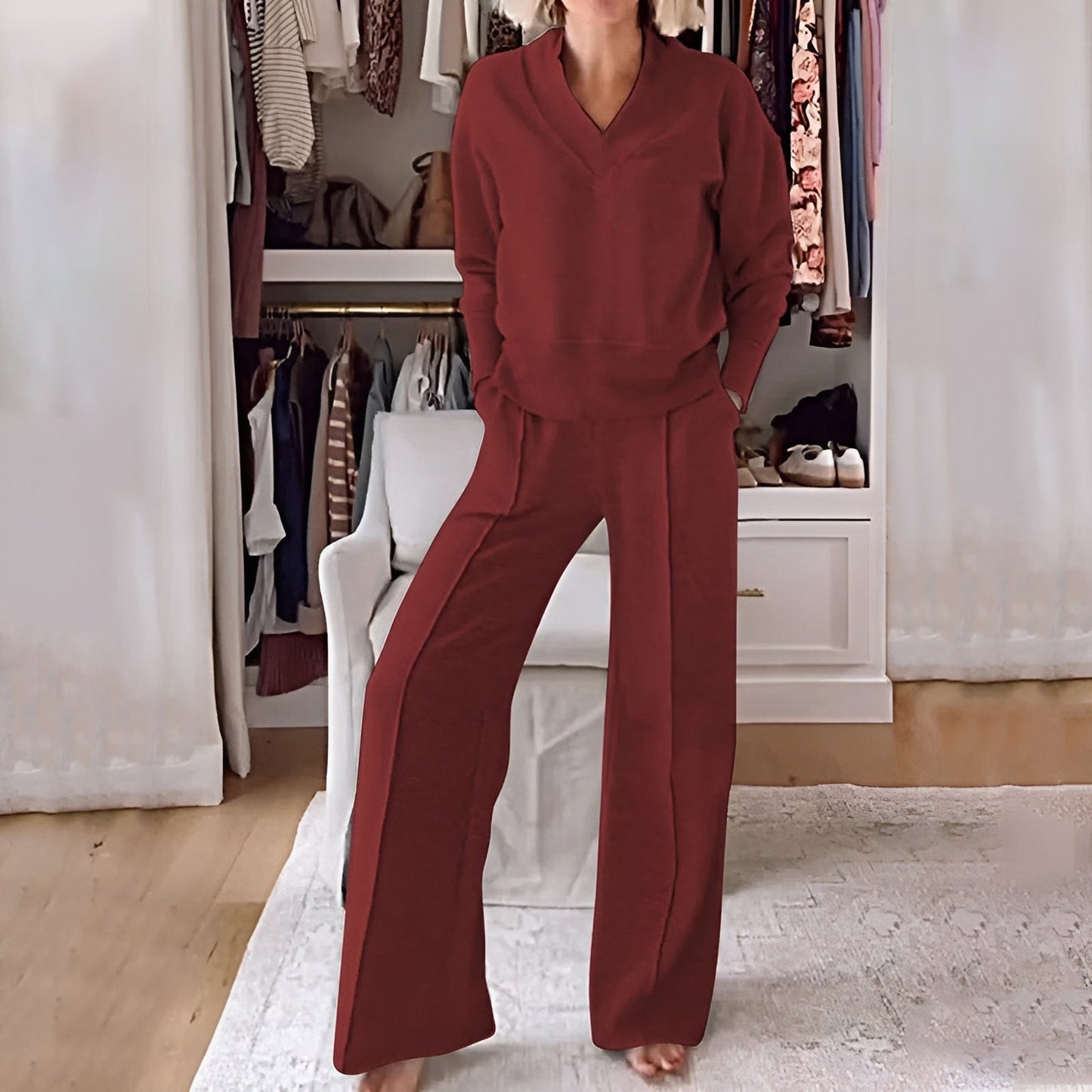 Relaxed Knit Lounge Set | Wide-Leg Pants & V-Neck Pullover