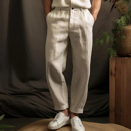 Men’s Pleated Linen-Blend Trousers | Relaxed Fit Summer Pants | Breathable Dress Bottoms
