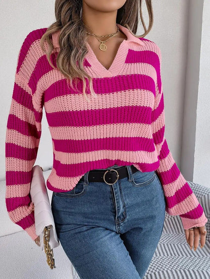 Striped Ribbed Knit Sweater | V-Neckline | Relaxed Fit | Casual Everyday Style