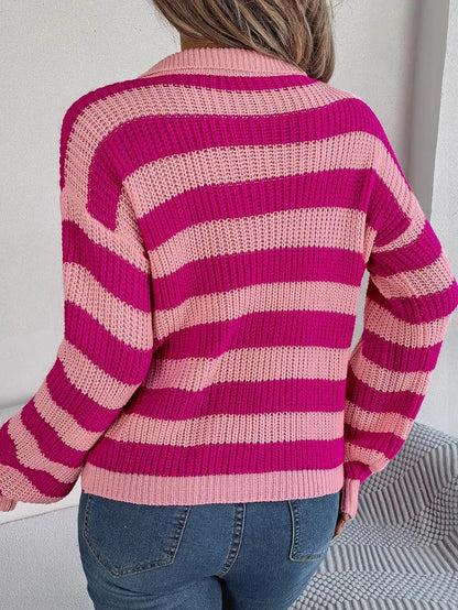 Striped Ribbed Knit Sweater | V-Neckline | Relaxed Fit | Casual Everyday Style