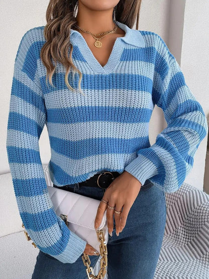 Striped Ribbed Knit Sweater | V-Neckline | Relaxed Fit | Casual Everyday Style