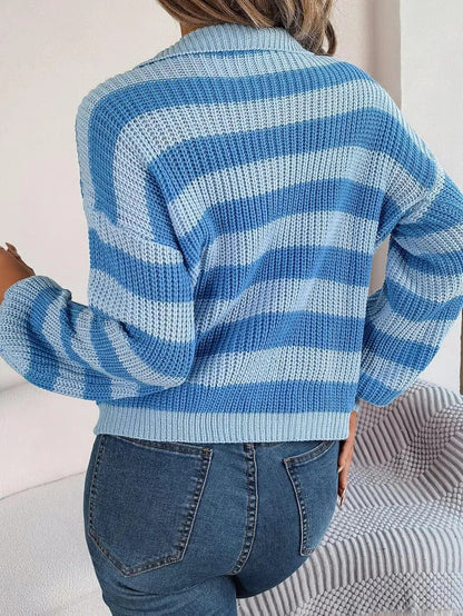 Striped Ribbed Knit Sweater | V-Neckline | Relaxed Fit | Casual Everyday Style