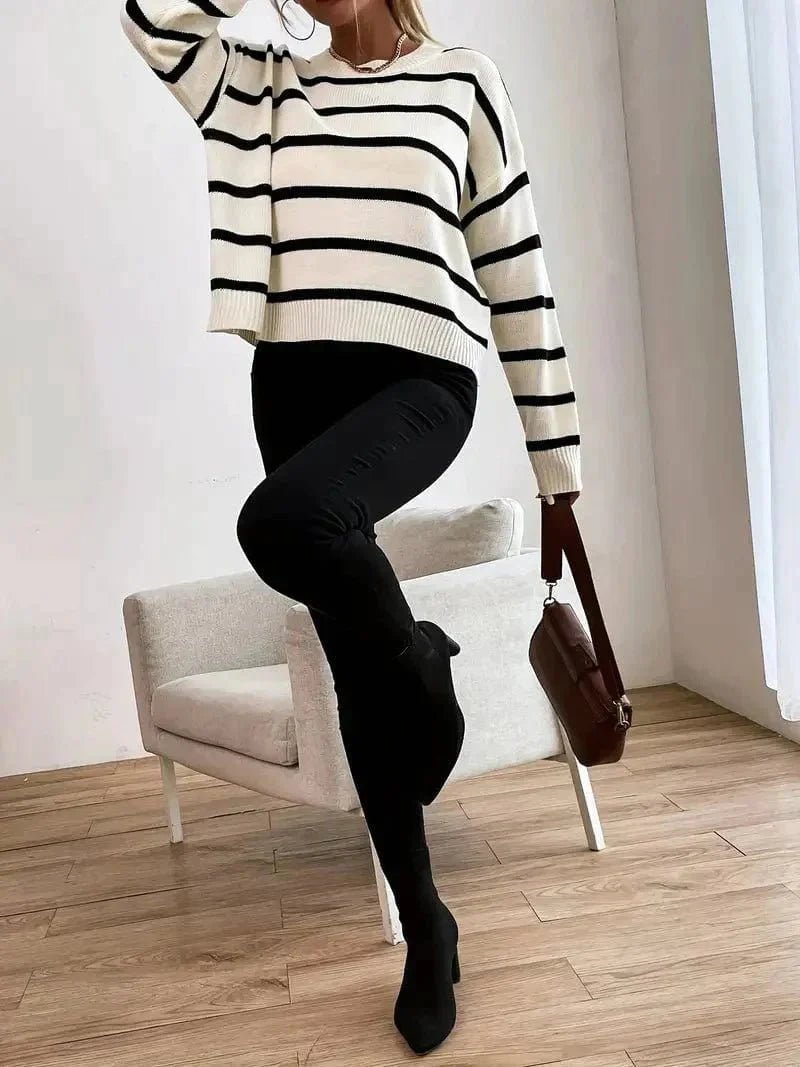 Oversized Striped Knit Sweater | Crew Neck | Lightweight Acrylic Blend | Casual Everyday Look