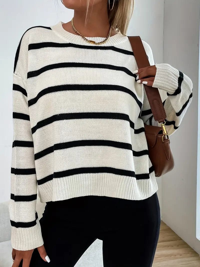Oversized Striped Knit Sweater | Crew Neck | Lightweight Acrylic Blend | Casual Everyday Look