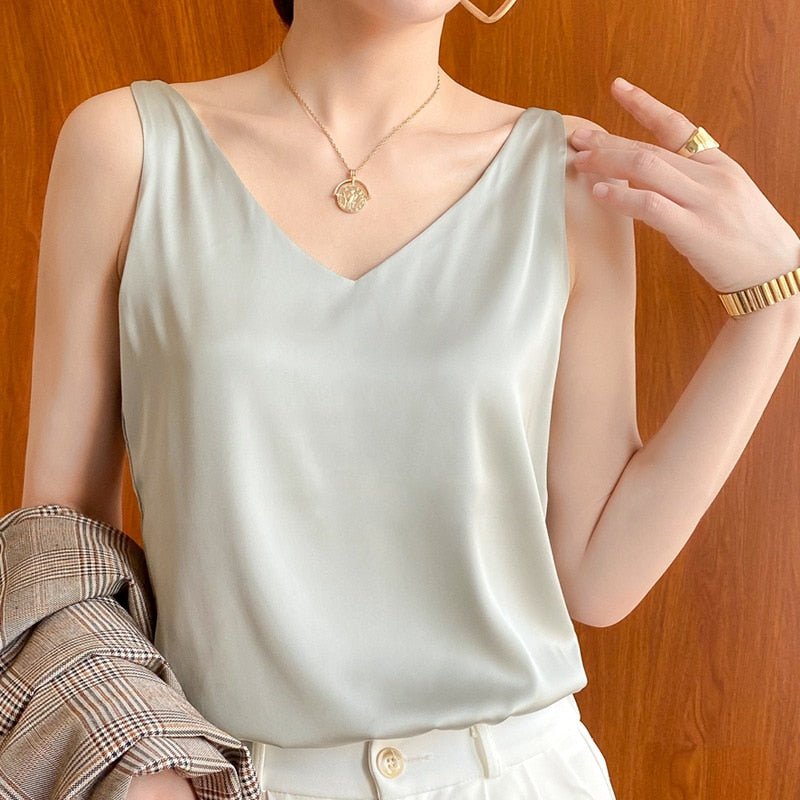 Sleeveless Satin Tank | V-Neck Camisole Blouse | Lightweight Draped Fit