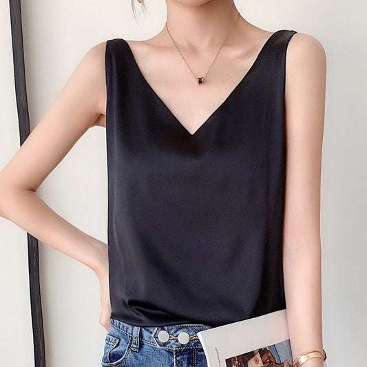 Sleeveless Satin Tank | V-Neck Camisole Blouse | Lightweight Draped Fit