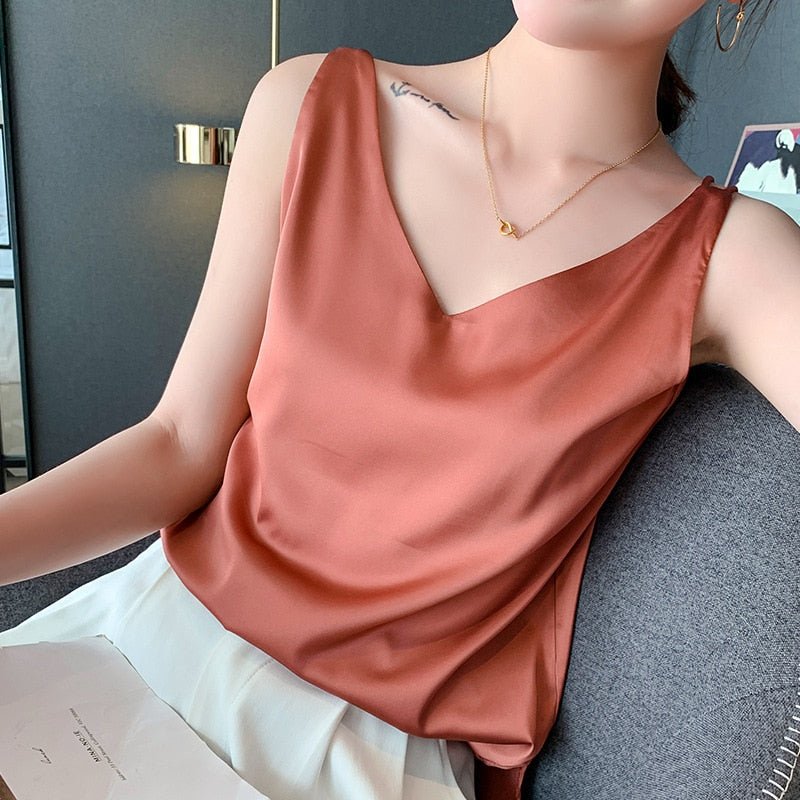 Sleeveless Satin Tank | V-Neck Camisole Blouse | Lightweight Draped Fit