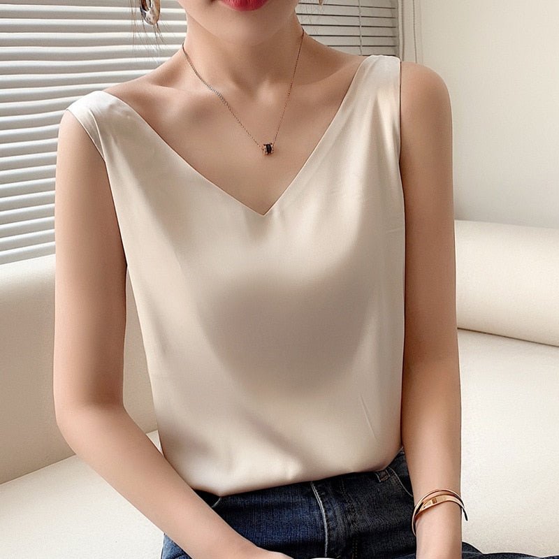 Sleeveless Satin Tank | V-Neck Camisole Blouse | Lightweight Draped Fit