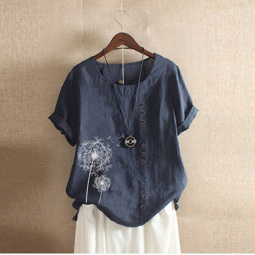 Embroidered Dandelion Button Tee | Linen Blend | Relaxed Fit