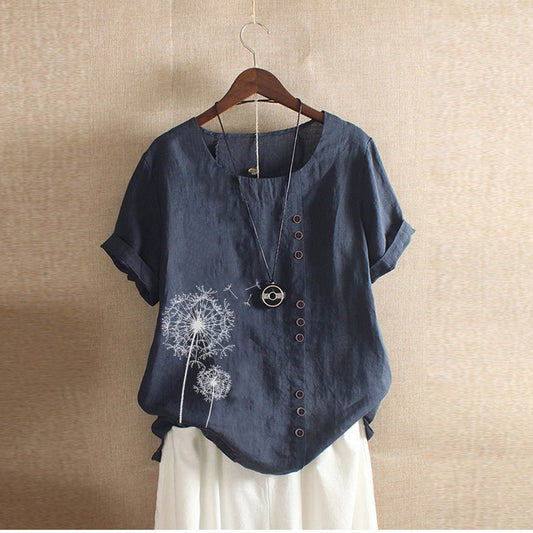 Embroidered Dandelion Button Tee | Linen Blend | Relaxed Fit