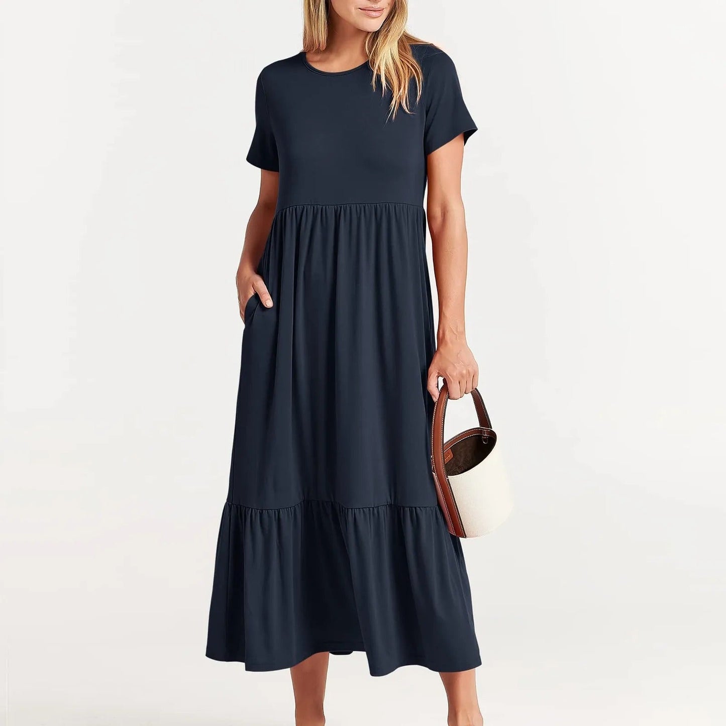 Women's Tiered Midi Dress | Short Sleeve Casual Flowy Dress | Everyday Summer Outfit