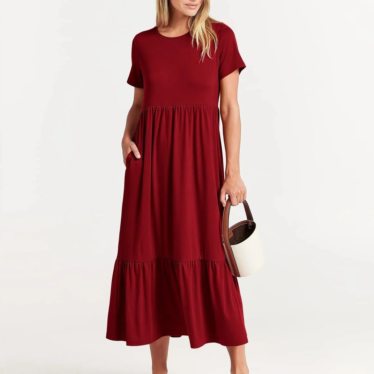 Women's Tiered Midi Dress | Short Sleeve Casual Flowy Dress | Everyday Summer Outfit
