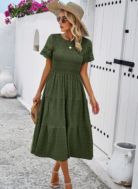 Tiered Midi Dress | Smocked Bodice | Short Sleeve Flowy Fit