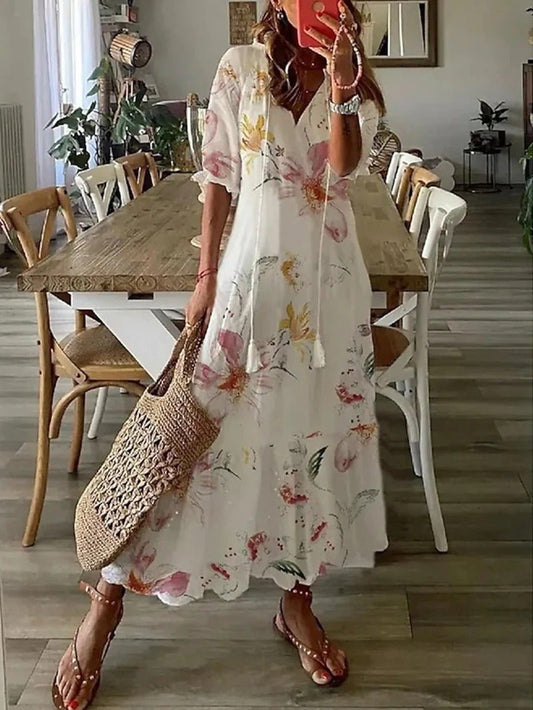 Boho Floral Maxi Dress | Tassel Tie Neck | Lightweight Flowy Fit