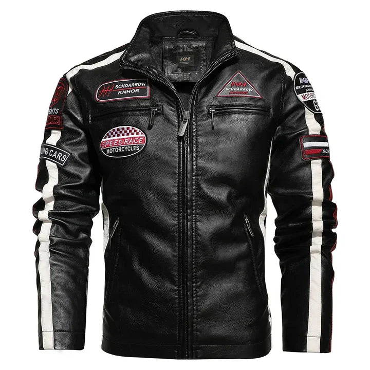 Men's Racer-Style Faux Leather Jacket | Striped Detail | Moto-Inspired Design