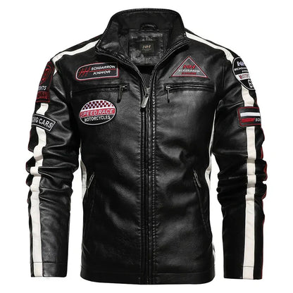 Men's Racer-Style Faux Leather Jacket | Striped Detail | Moto-Inspired Design