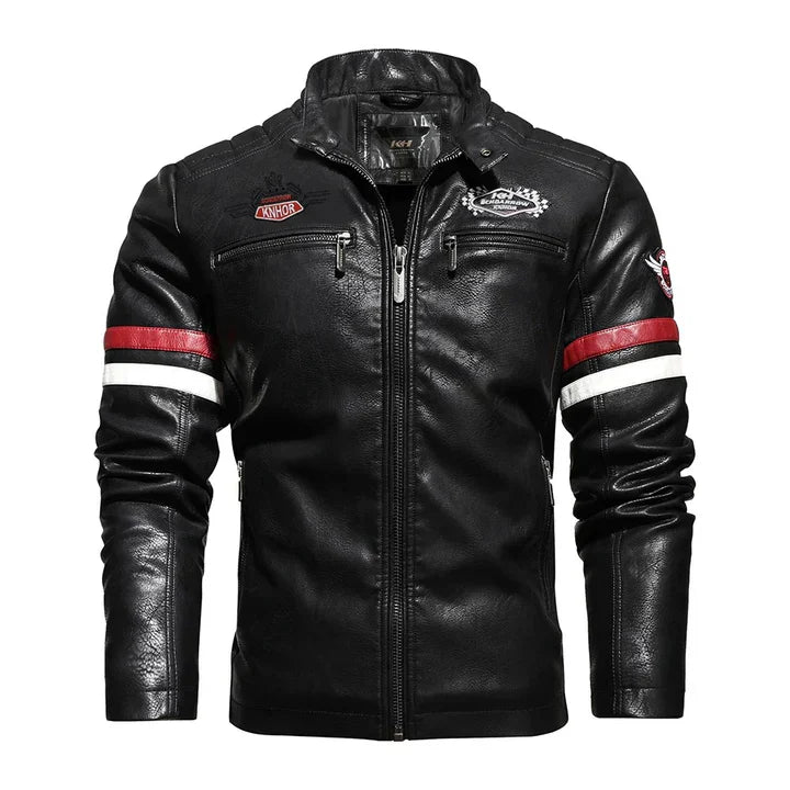 Men's Racer-Style Faux Leather Jacket | Striped Detail | Moto-Inspired Design