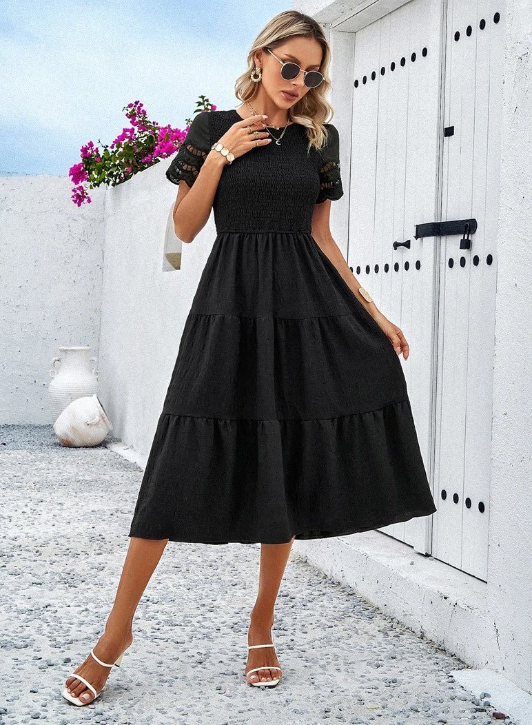 Tiered Midi Dress | Smocked Bodice | Short Sleeve Flowy Fit