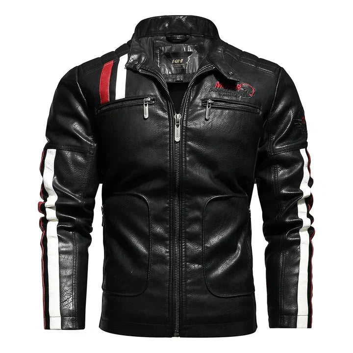 Men's Racer-Style Faux Leather Jacket | Striped Detail | Moto-Inspired Design
