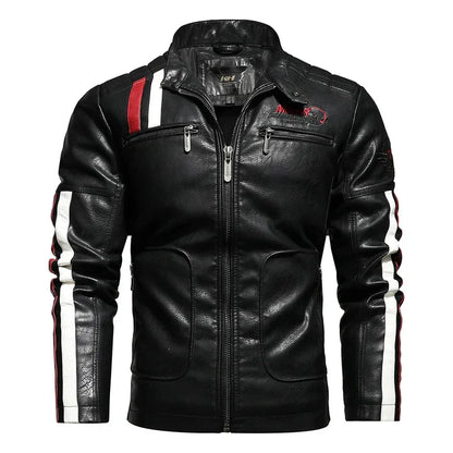Men's Racer-Style Faux Leather Jacket | Striped Detail | Moto-Inspired Design