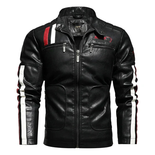 Men's Racer-Style Faux Leather Jacket | Striped Detail | Moto-Inspired Design