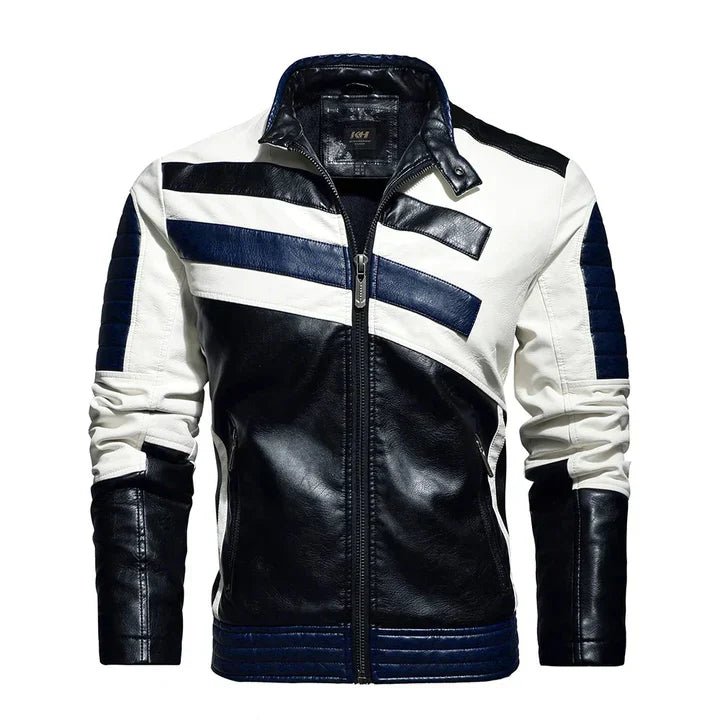 Men's Racer-Style Faux Leather Jacket | Striped Detail | Moto-Inspired Design
