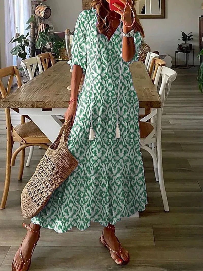 Boho Floral Maxi Dress | Tassel Tie Neck | Lightweight Flowy Fit
