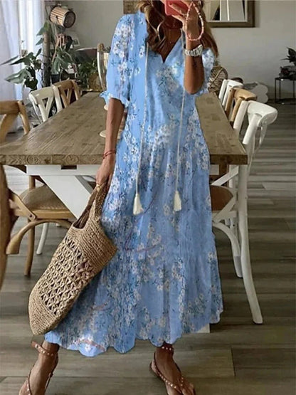 Boho Floral Maxi Dress | Tassel Tie Neck | Lightweight Flowy Fit