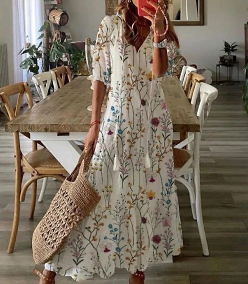 Boho Floral Maxi Dress | Tassel Tie Neck | Lightweight Flowy Fit