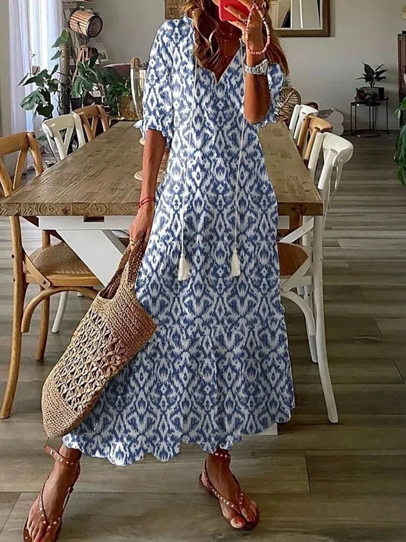 Boho Floral Maxi Dress | Tassel Tie Neck | Lightweight Flowy Fit