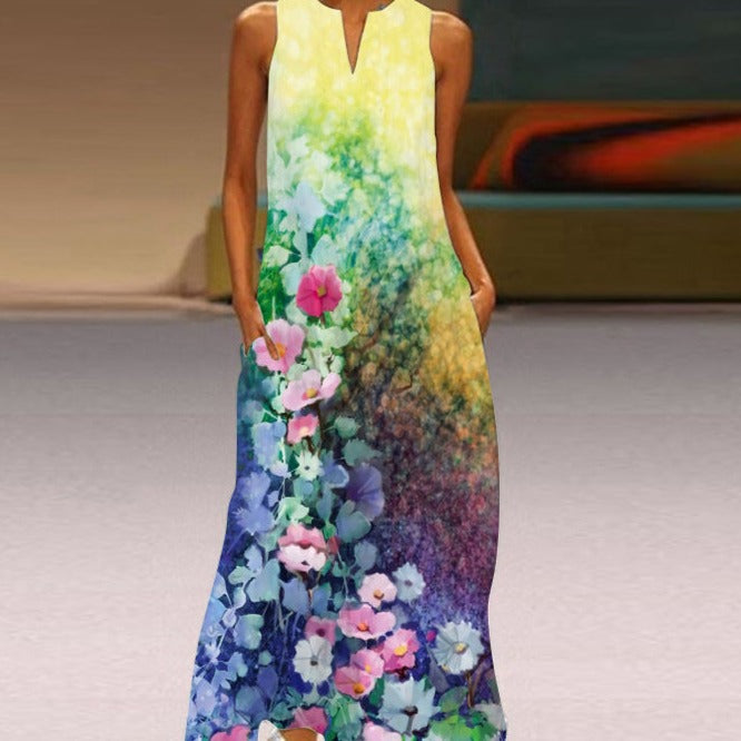 Sleeveless Floral Maxi Dress | Lightweight Fit & Flare | Pockets Included