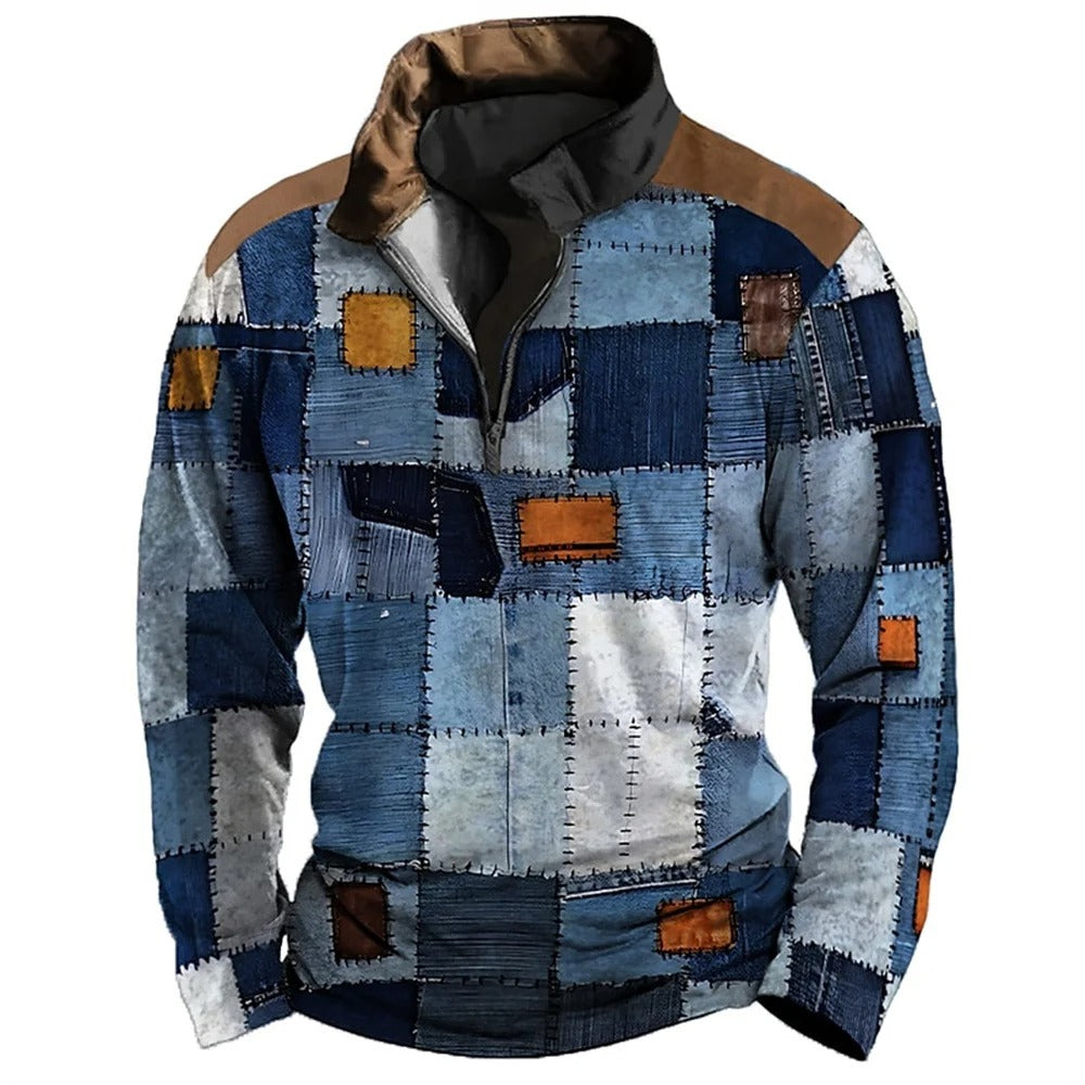 Men’s Patchwork Fleece Pullover | Quarter-Zip Stand Collar | Vintage-Inspired Warm Layer