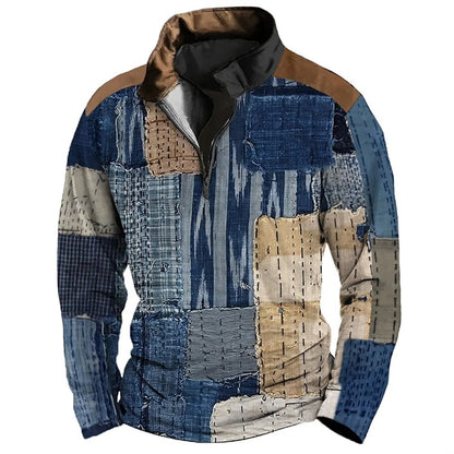 Men’s Patchwork Fleece Pullover | Quarter-Zip Stand Collar | Vintage-Inspired Warm Layer