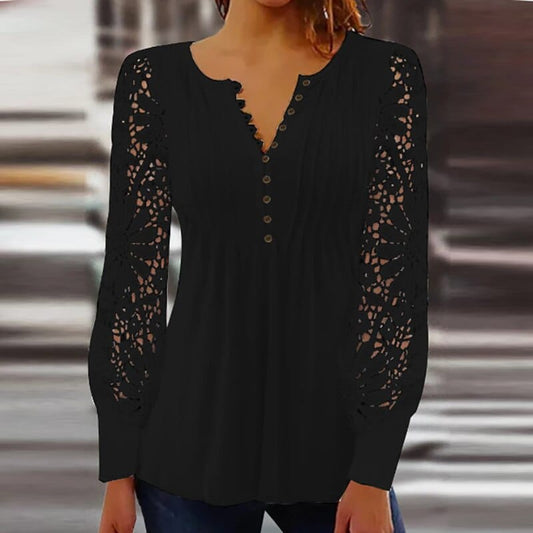 Lace Sleeve Pintuck Blouse | V-Neckline | Button-Front Feminine Fit