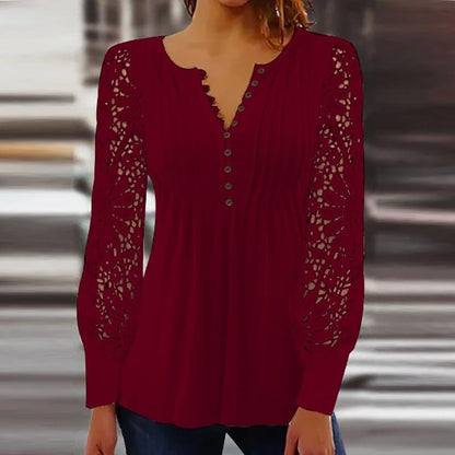 Lace Sleeve Pintuck Blouse | V-Neckline | Button-Front Feminine Fit