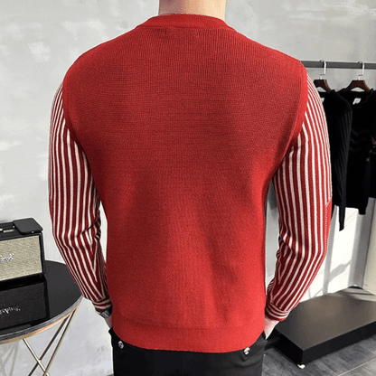 Striped Sleeve Crewneck Sweater | Slim Fit | Lightweight Knit | Casual Style