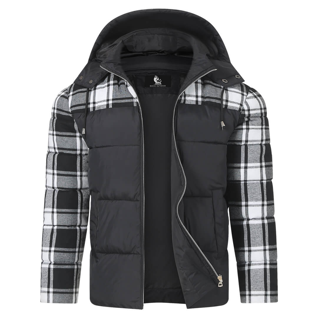 Men’s Hooded Shirt Jacket | Puffer Vest Front & Flannel Sleeves | Layered Hybrid