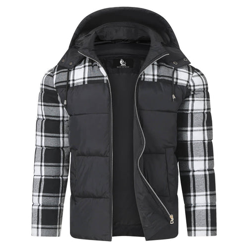 Men’s Hooded Shirt Jacket | Puffer Vest Front & Flannel Sleeves | Layered Hybrid