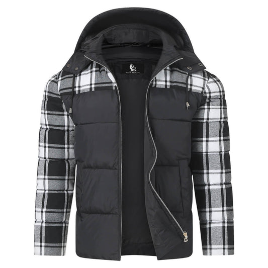 Men’s Hooded Shirt Jacket | Puffer Vest Front & Flannel Sleeves | Layered Hybrid