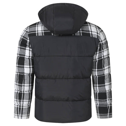 Men’s Hooded Shirt Jacket | Puffer Vest Front & Flannel Sleeves | Layered Hybrid