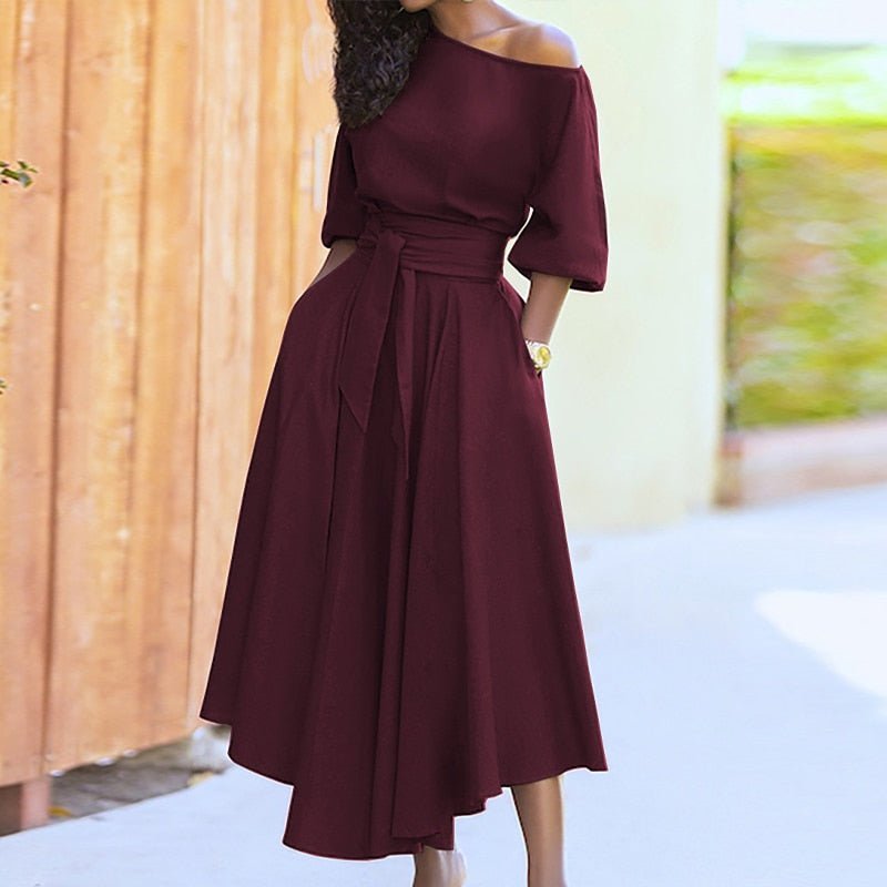 One-Shoulder Midi Dress | Adjustable Waist Tie | Flowy A-Line Skirt