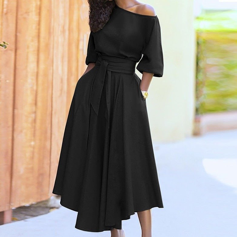 One-Shoulder Midi Dress | Adjustable Waist Tie | Flowy A-Line Skirt