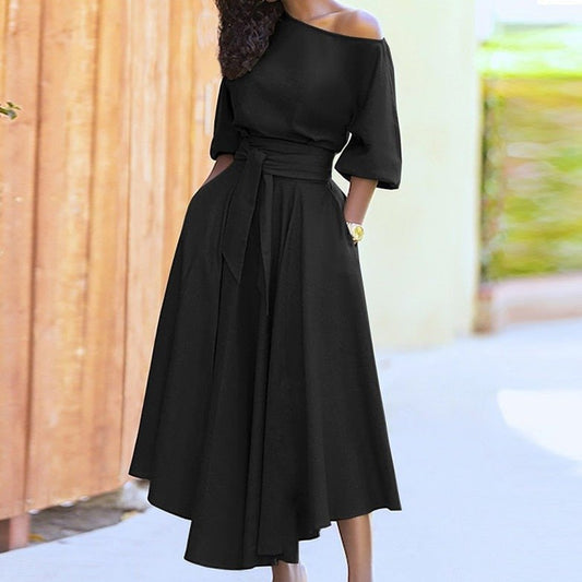 One-Shoulder Midi Dress | Adjustable Waist Tie | Flowy A-Line Skirt