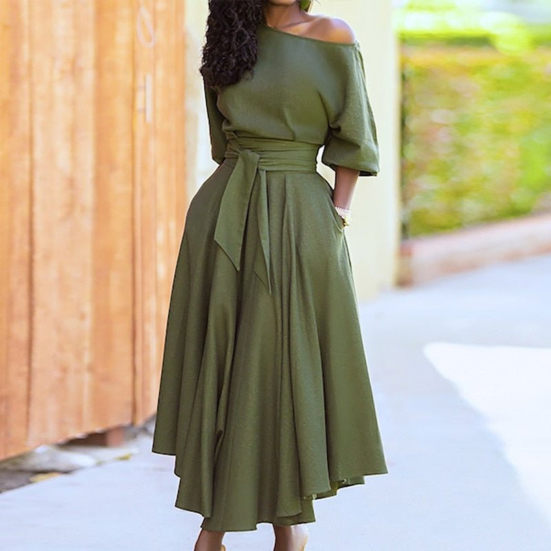 One-Shoulder Midi Dress | Adjustable Waist Tie | Flowy A-Line Skirt