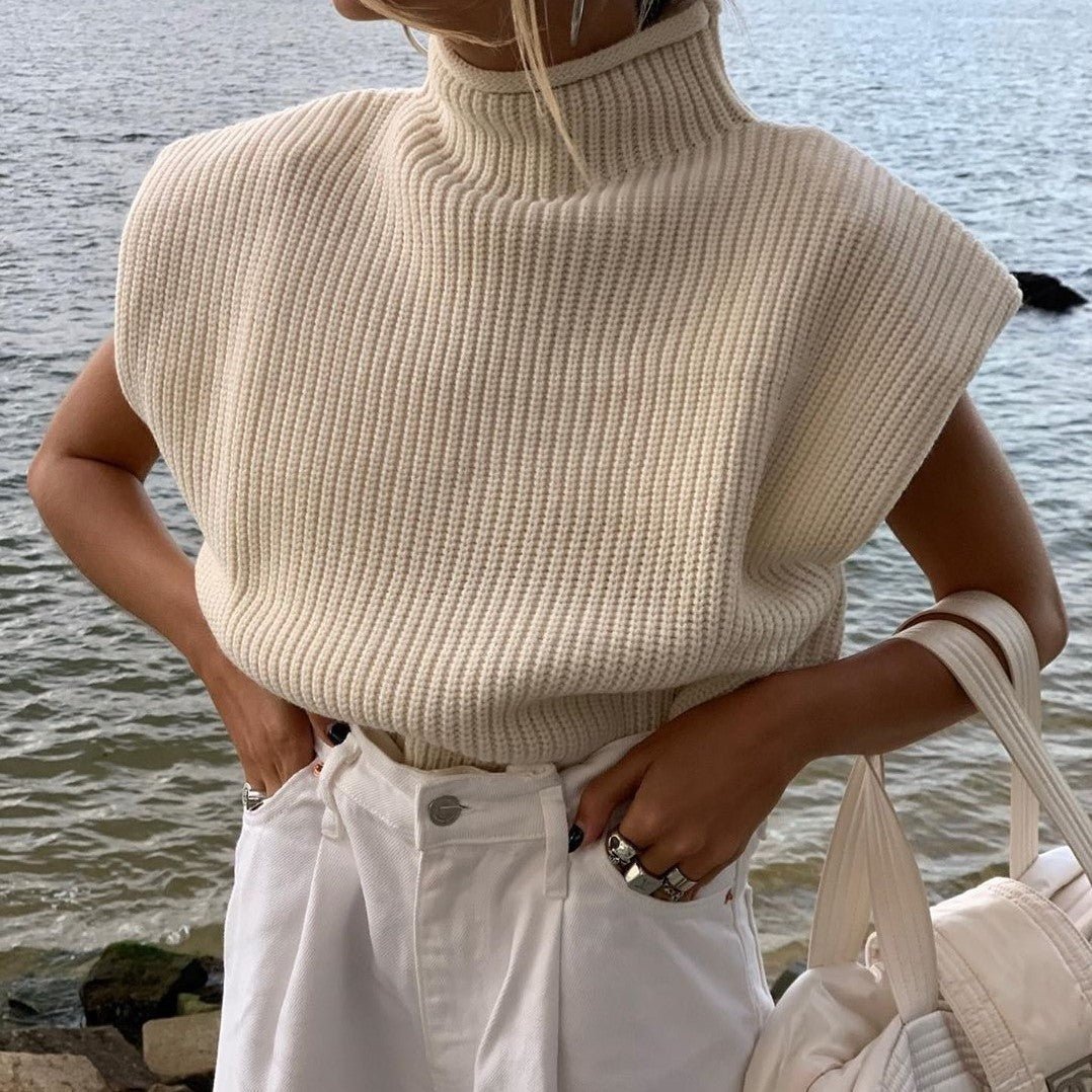 Sleeveless Mock Neck Knit Sweater | Ribbed Texture | Soft Acrylic Blend | Chic Layering Essential
