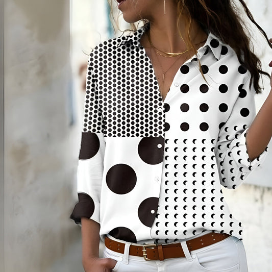 Mixed Polka Dot Button-Up Shirt | Graphic Patchwork Print | Lightweight Drape