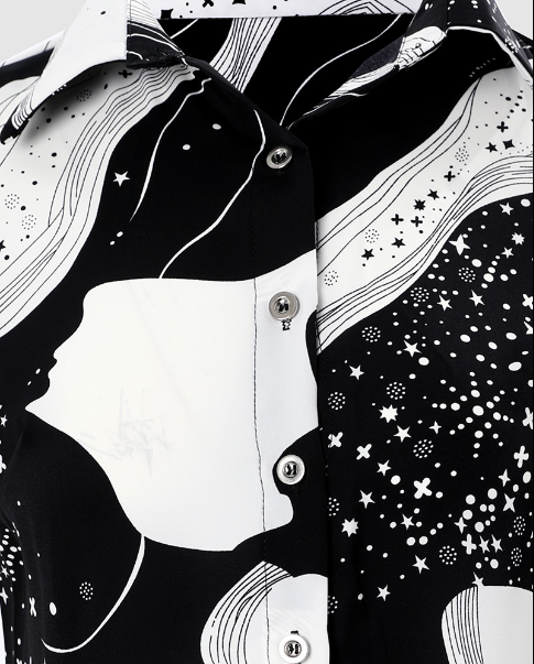 Women's Abstract Print Button-Down Shirt | Long Sleeve Satin Blouse | Elegant Casual Outfit