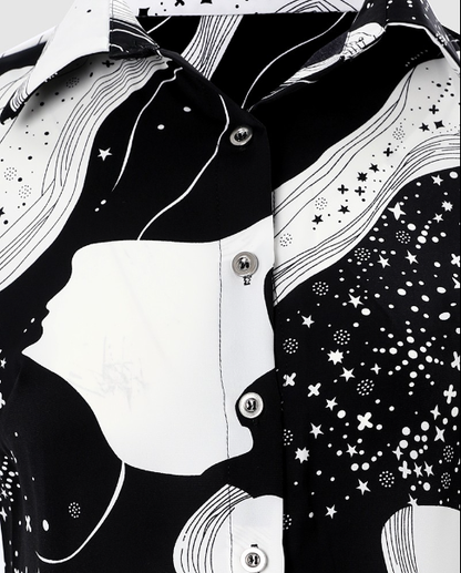 Women's Abstract Print Button-Down Shirt | Long Sleeve Satin Blouse | Elegant Casual Outfit